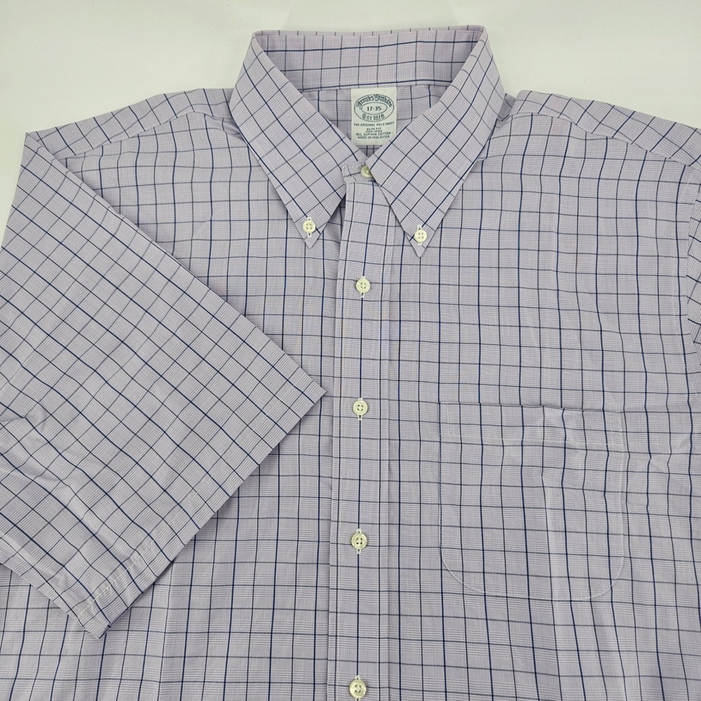 Brooks Brothers Mens 17-35 Slim Fit Non-Iron Supima Cotton Purple Check SS Shirt